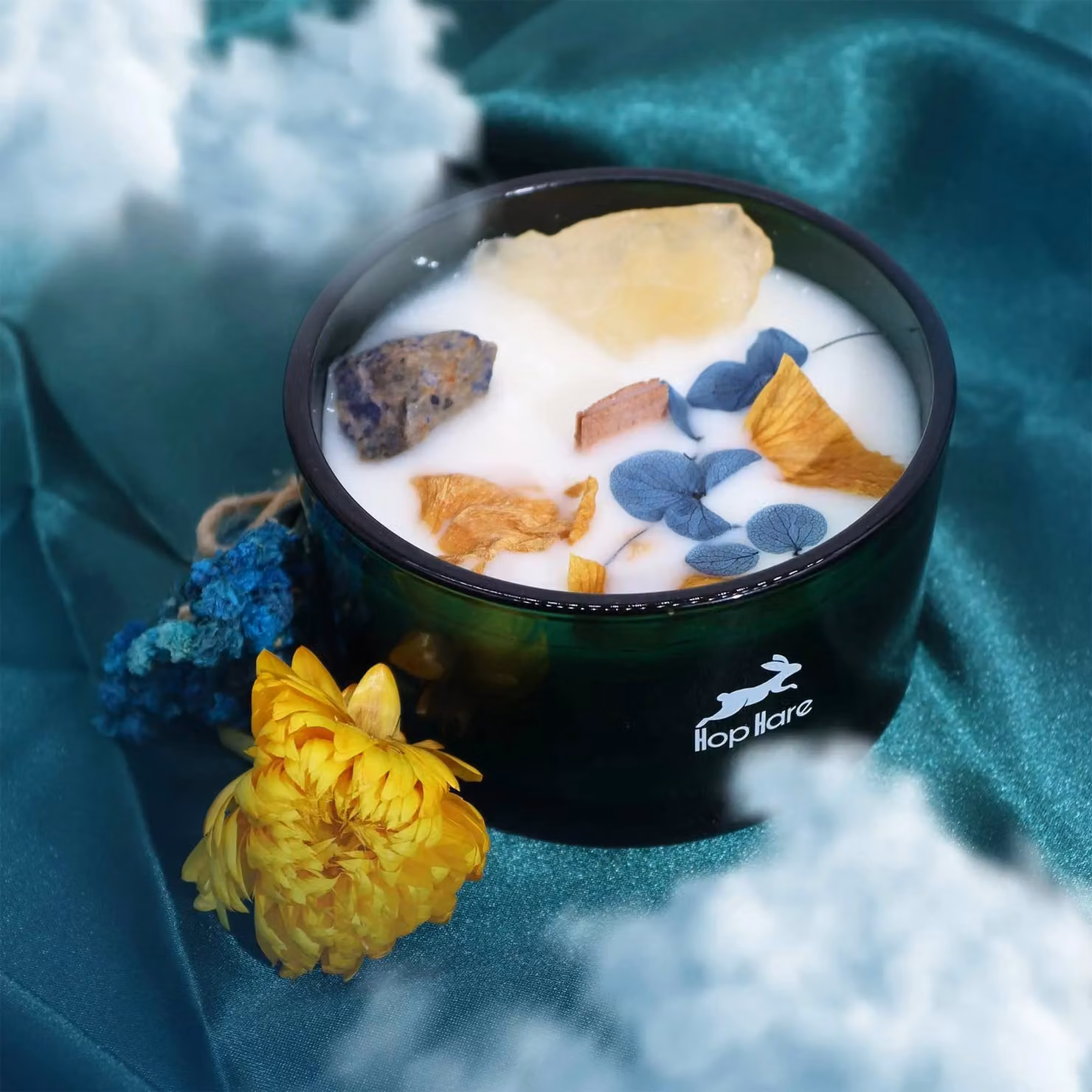 Ancient Wisdom Hop Hare Magic Candle with Flowers and Gems The Sun in Blue and Yellow-orange W/D/H: 9 x 9 x 5 cm – 7