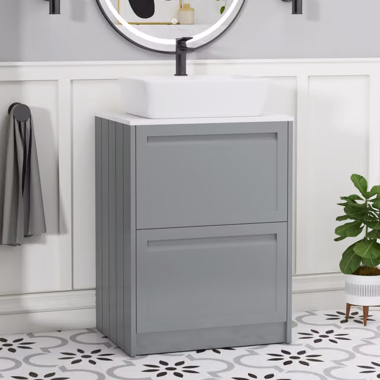 Royal Bathrooms Elmore 600mm Floor Standing 2 Drawer Vanity Unit in Matt Pebble Grey with Plain White Worktop and Cube Basin