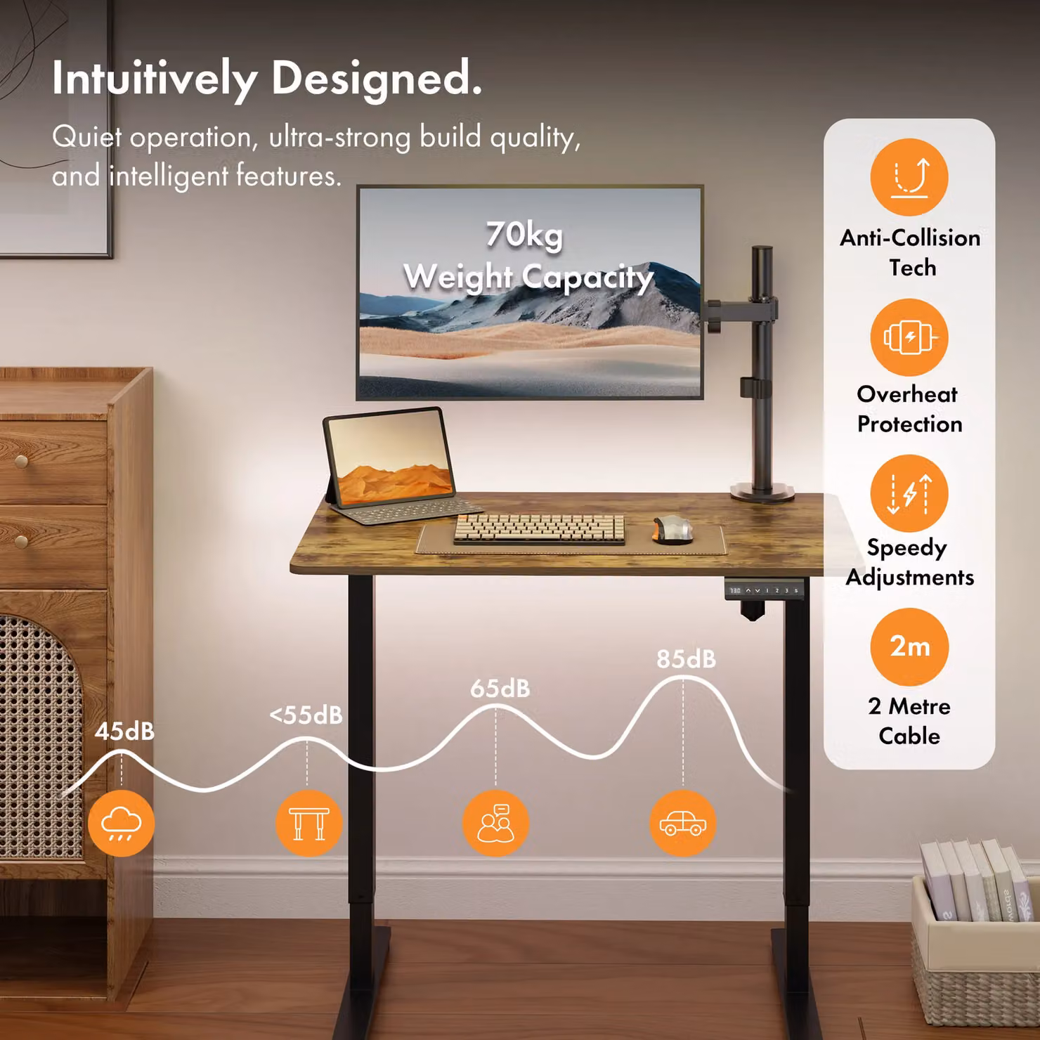 VonHaus Electric Height Adjustable Standing Desk with USB-C Charging in Dark Brown, W/D/H: 118 x 60 x 72 cm – 4