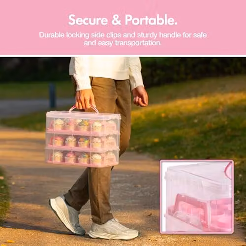 VonShef Pink Three Tier Stackable Cupcake Carrier with Handle and Airtight Snap Lid, Holds 36 Cupcakes – 2
