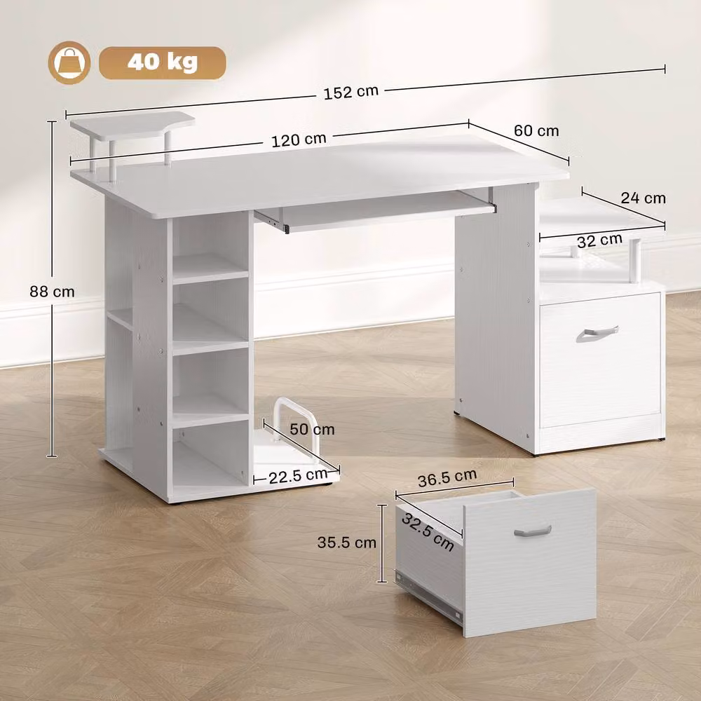 Rolipo Modern Computer Desk with Drawer, Shelves and CPU Storage Rack in White – 4