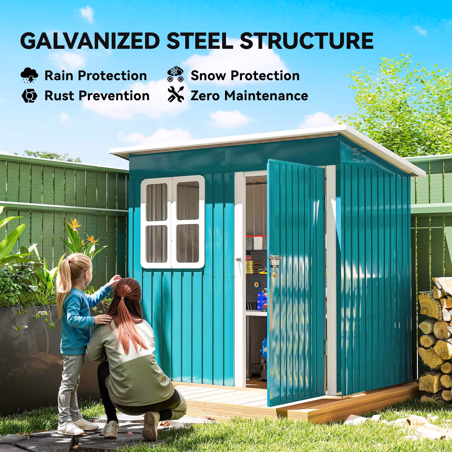 OUTSUNNY Green Galvanised Steel Garden Shed with Foundation Kit, W: 213.36 cm, D: 121.92 cm, H: 190.0 cm – 4