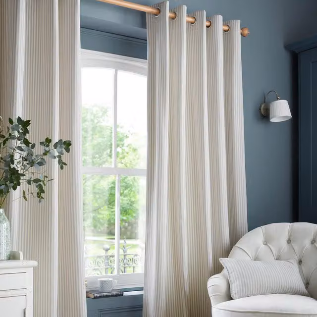 Laura Ashley Cornish Chenille Striped Eyelet Curtains in Slate Blue