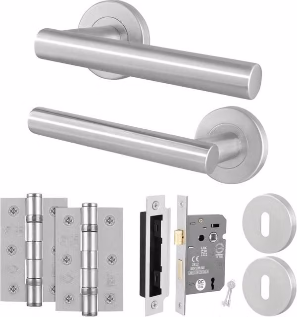 AFIT Satin Silver T-Bar Lever Rose Door Handles with Key Lock and Hinge Kit, W/D/H: 150 x 150 x 64 mm – 1