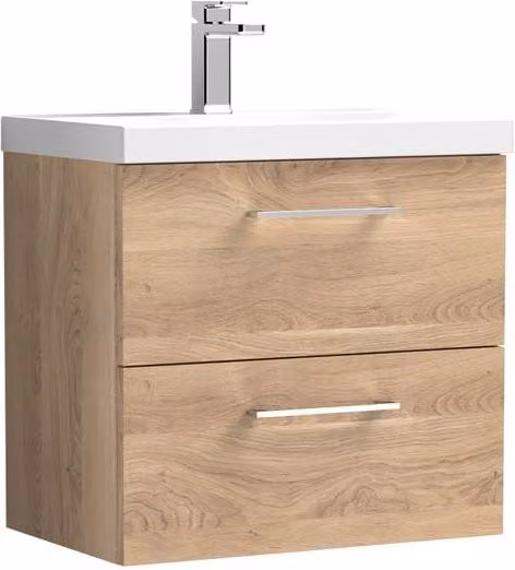 Balterley Contemporary Wall Hung Bathroom Vanity Unit with 2 Soft-Close Drawers and Mid-Edge Ceramic Basin, Bleached Oak, W: 61 cm, D: 39 cm, H: 58 cm