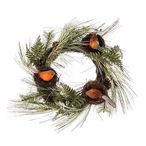 HOMESCAPES Artificial Christmas Wreath with Robins Nests, Green, W/D/H: 43 x 15 x 15 cm