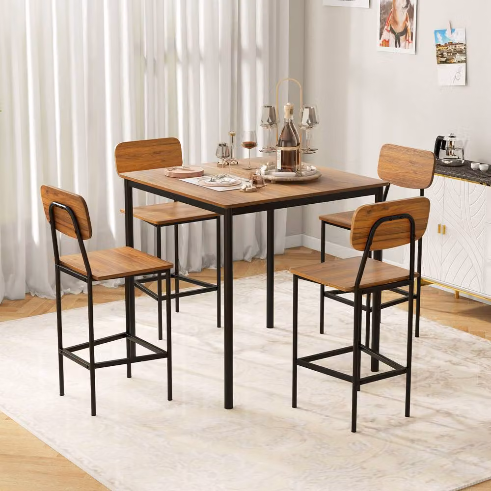 Gymax Industrial Dining Table Set with 4 Bar Stools in Brown – 3