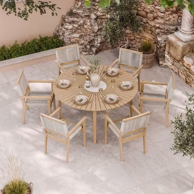 Royalcraft Roma 7 Piece Round Sunray Dining Set in Natural Acacia Wood and Terrazzo with 6 Roma Rope Stacking Chairs, Diameter: 150 cm