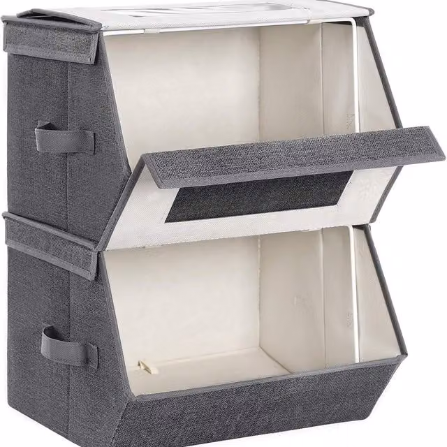 SONGMICS Set of 2 Stackable Fabric Storage Boxes with Lids and Handles, Grey