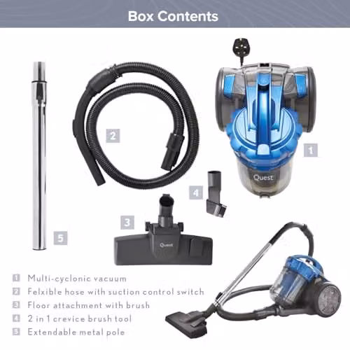 Quest Bagless Cyclonic Cylinder Vacuum Cleaner in Blue and Grey with 2.5L Dust Tank and Multi-Surface Cleaning Tools – 6