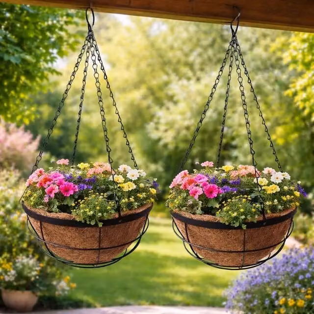 EONLION 2 Pack Brown Metal Hanging Basket Outdoor Garden Planter Set, Diameter: 30.48 cm – 1