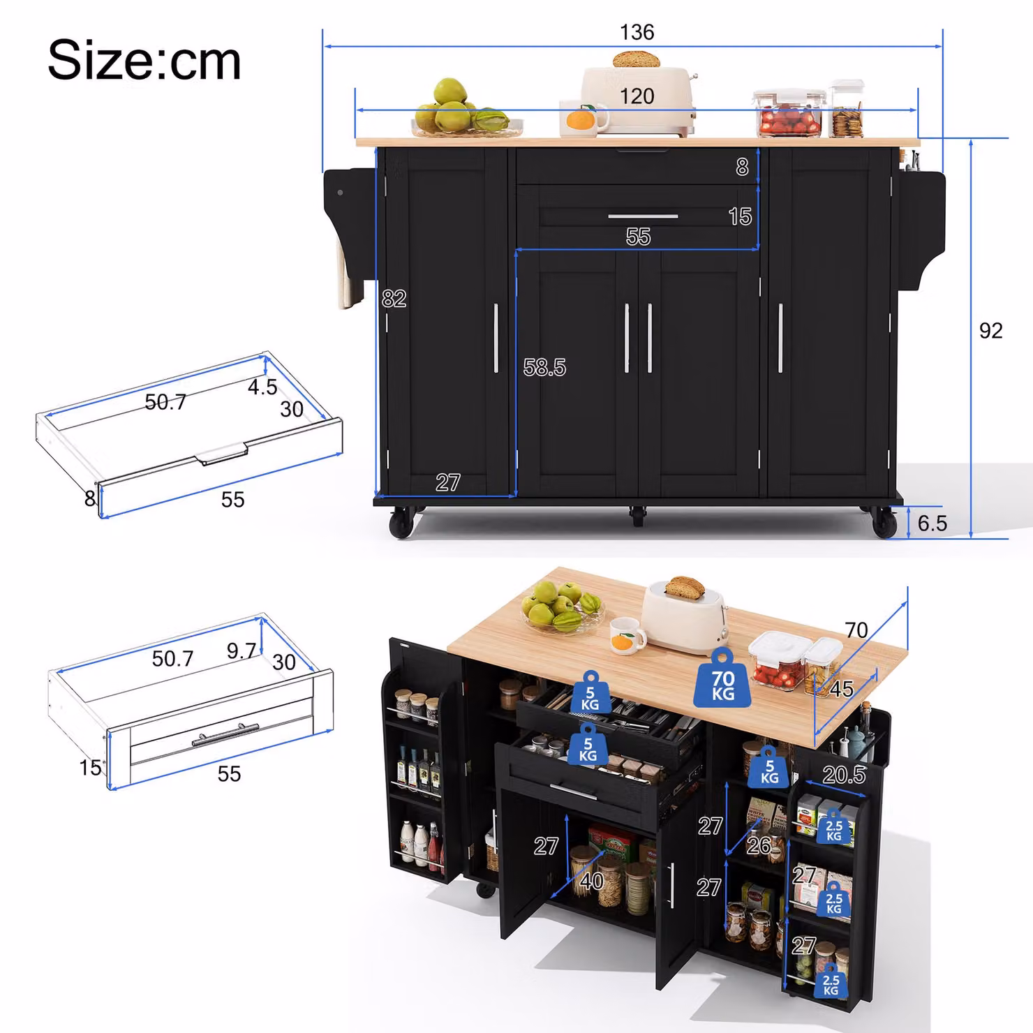 Aosom UK Modern Kitchen Trolley with Fold-Out Worktop and Double-Door Cabinets, Black and Natural, W: 70 cm, D: 70 cm, H: 92 cm – 3