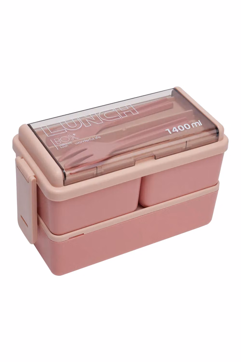 Living and Home Pink 2-Layer 4-Compartment Stackable Bento Lunch Box with Cutlery, 1400ml – 2