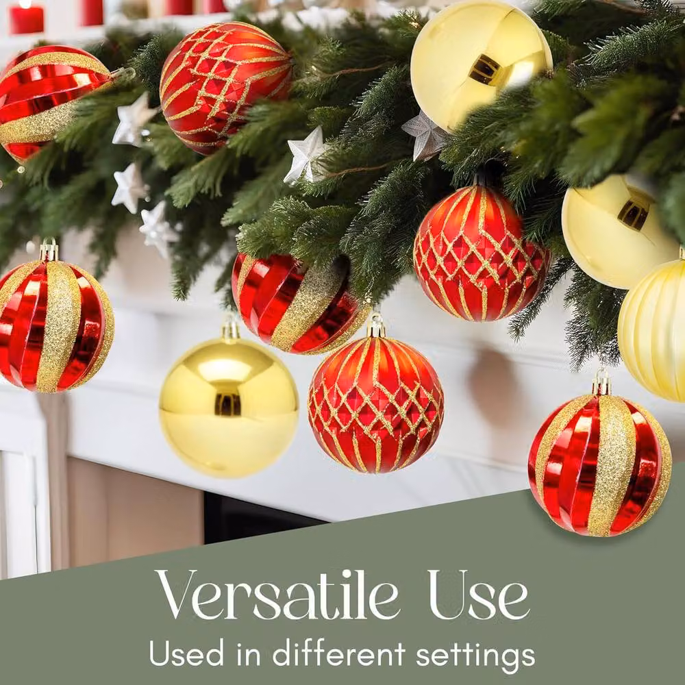 Pelle & Sol 30 Piece Red and Gold Shatterproof Christmas Bauble Set, 6 cm Round Plastic Hanging Decorations – 7