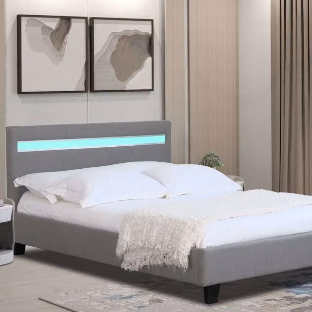 Comfy Living Modern Fabric Upholstered Bed Frame with LED in Grey, W/D/H: 90 x 200 cm