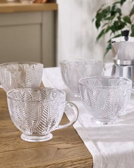 Dibor Set of 4 Vintage Embossed Botanical Design Glass Mugs, 400ml, Clear