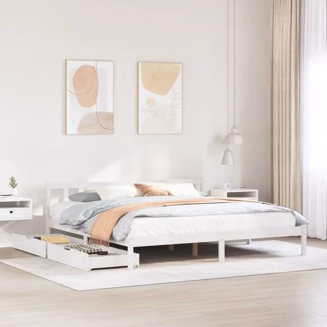 Berkfield Home White Rustic Solid Wood Pine Bed Frame W/D/H: 180 x 200 cm