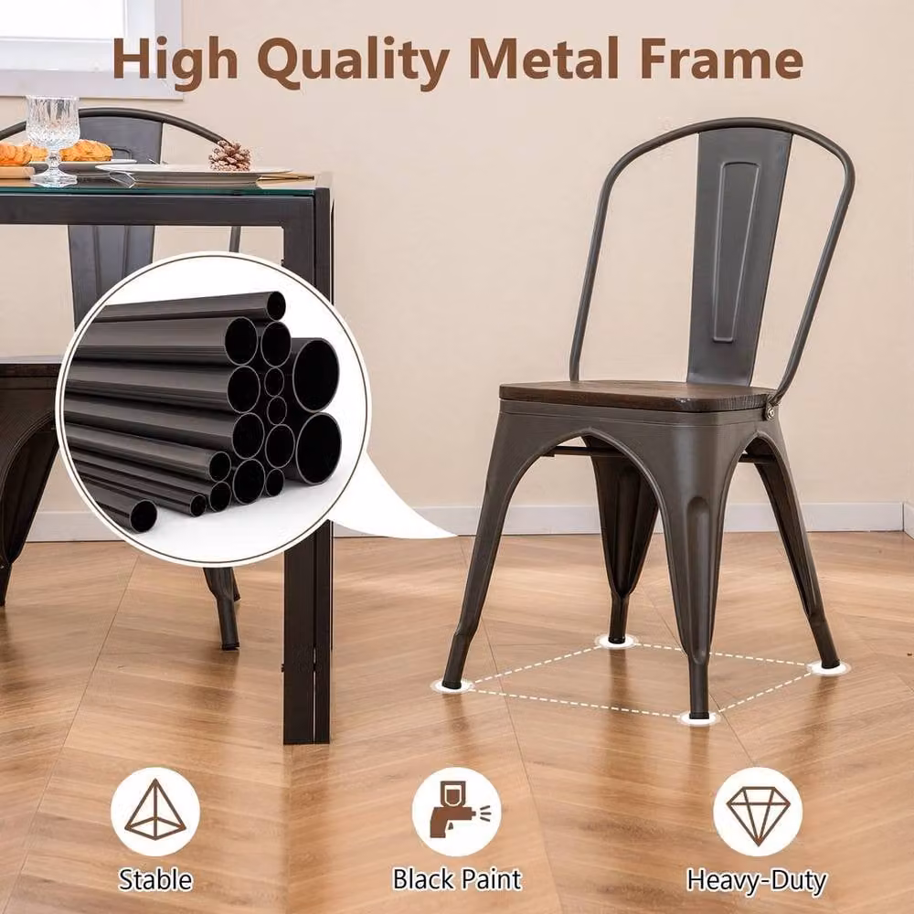 KORVIXA Set of 4 Stackable Industrial Metal and Wood Dining Chairs in Brown – 4