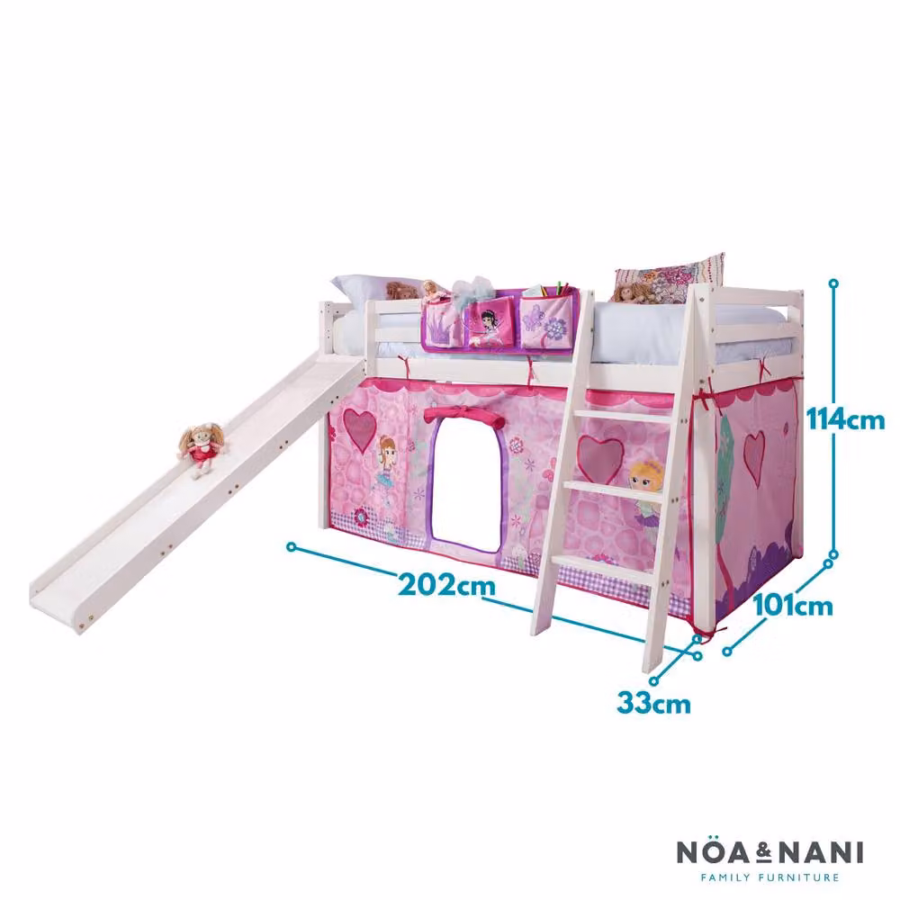 Nöa and Nani Moro Cabin Midsleeper Bed with Slide and Fairy Tent in White and Pink, Solid Pine Wood, Single Size (90 x 190 cm) – 2