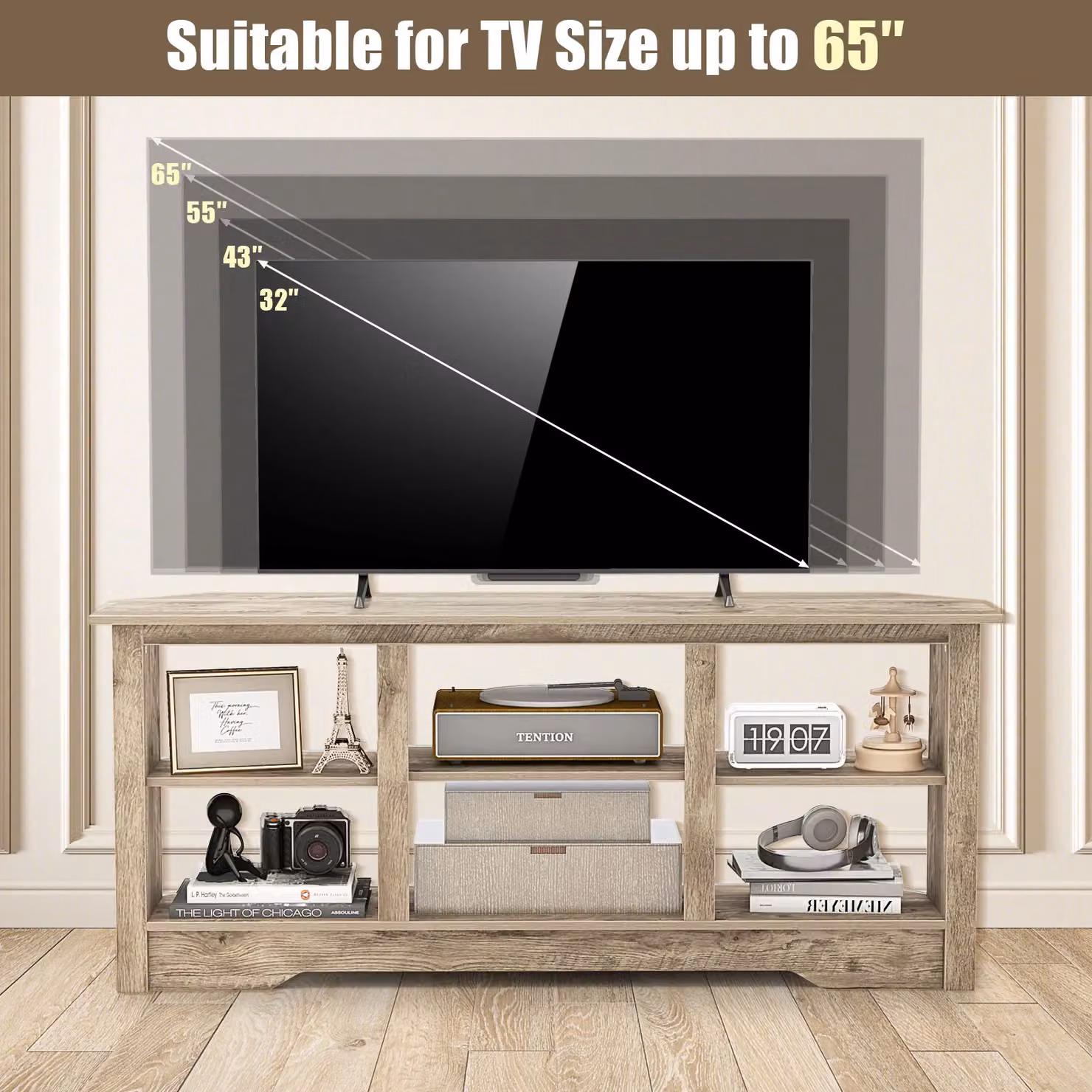 Gymax Modern Media Entertainment Centre TV Stand for TVs up to 65 Inches in Light Oak – 6