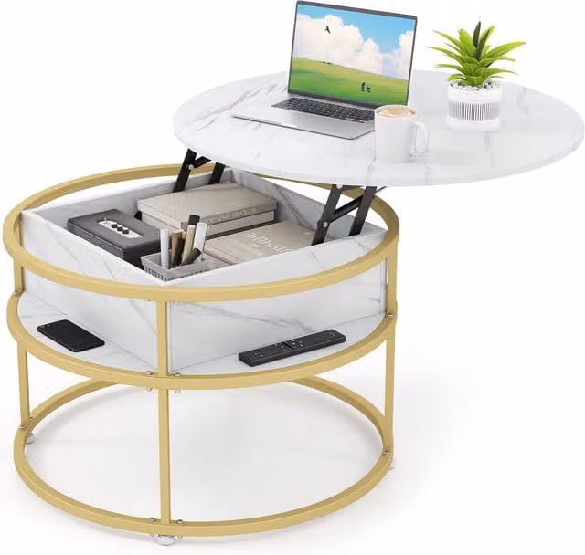Costway Round Lift Top Coffee Table with Side Shelves in White
