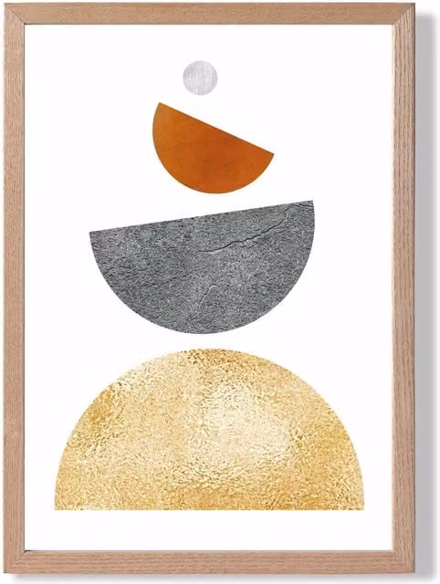 ARTZE Mid Century Geometric Framed Print, Orange, Yellow and Grey Abstract Semi Circles, Oak Frame, A2