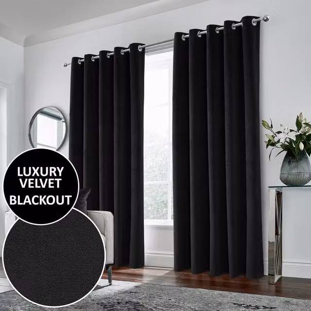 Enhanced Living Blackout Velvet Supersoft Eyelet Curtains, Black, Height: 183 cm, Width: 117 cm