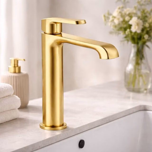 Bathroom Kingdom Montana Single Lever High Rise Basin Mixer Tap in Brushed Brass Gold