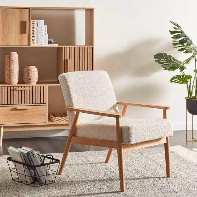Wyld and Coco Off-White Bouclé Armchair with Rubberwood Frame, W: 62 cm, D: 80 cm, H: 79 cm – 1