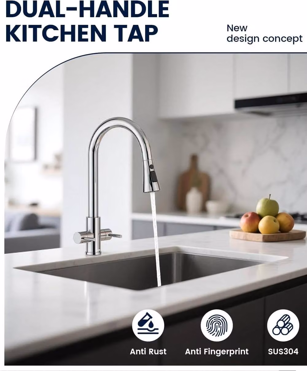 JANLEMNY Chrome Pull-Out Kitchen Tap with Dual Lever and 3-Mode Spray Swivel Spout in Silver – 5