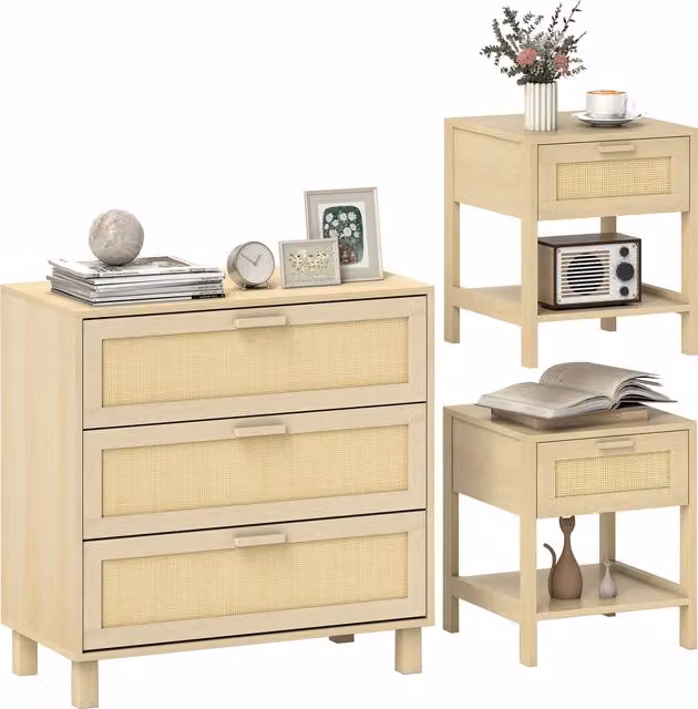 HOMCOM Boho Rattan Chest of Drawers and Nightstands Set in Nature Wood Finish, Brown and Beige