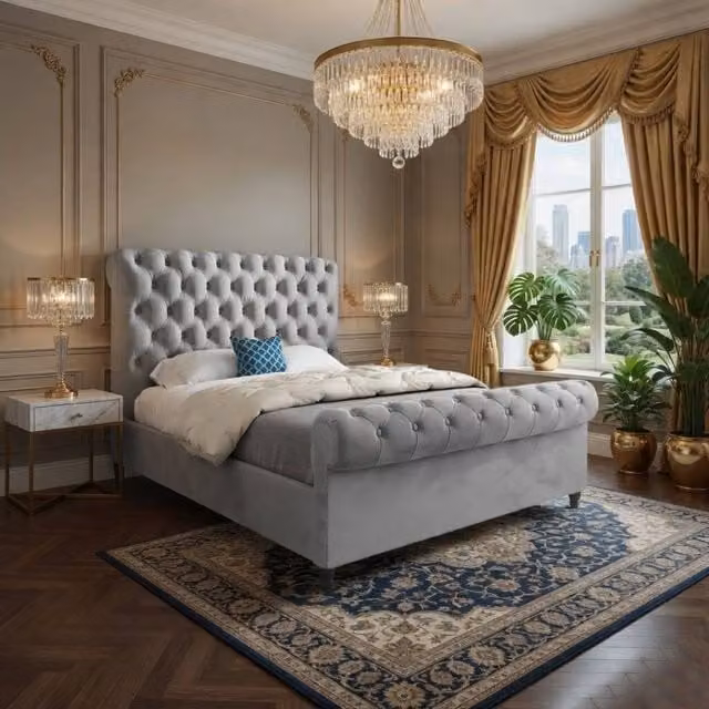 Casani Stourbridge Sleigh Upholstered Designer Bed Frame in Grey Soft Velvet, Size: King (180 x 200 cm)