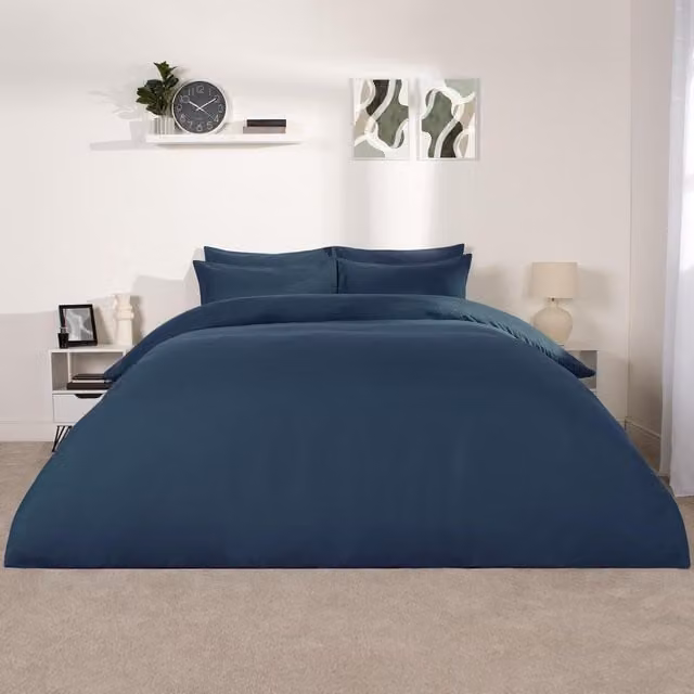Brentfords Reversible Plain Blue Microfibre Duvet Cover and Pillowcase Set, W: 140 cm, L: 200 cm