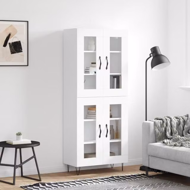 Berkfield Home Modern White Highboard with Glass Doors and Internal Shelves, W/D/H: 69.5 x 34 x 180 cm