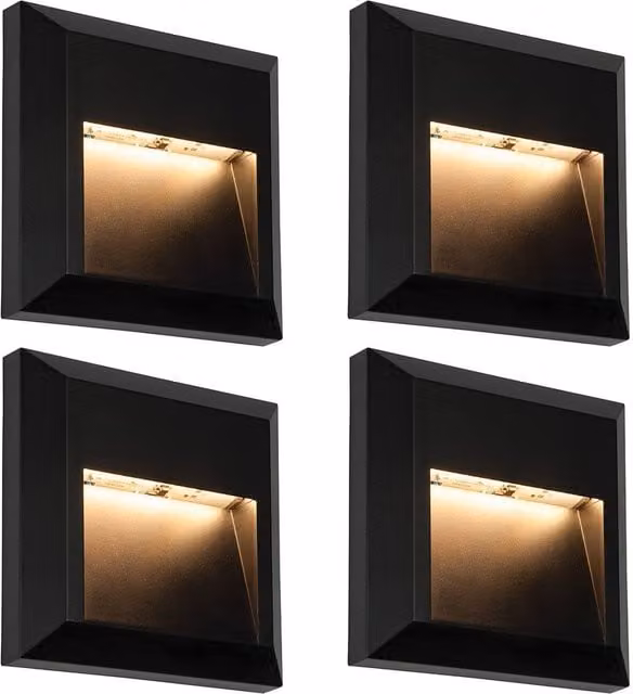 Loops 4 Pack Square IP65 LED Guide Light in Black with Warm White Indirect Lighting for Stairs, Steps and Gardens
