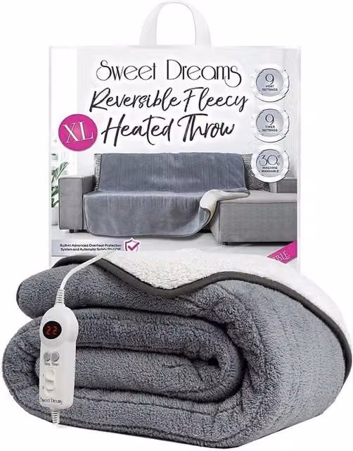 Sweet Dreams Grey Reversible Fleece Electric Heated Throw W/D/H: 200 x 130 cm