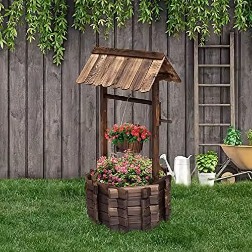 Outsunny Brown Wooden Wishing Well Planter with Hanging Bucket – 2