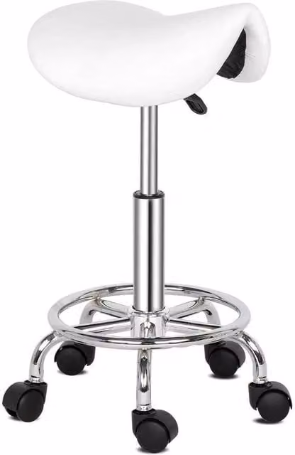 Kelvenix White PU Leather Salon Saddle Stool with Castors