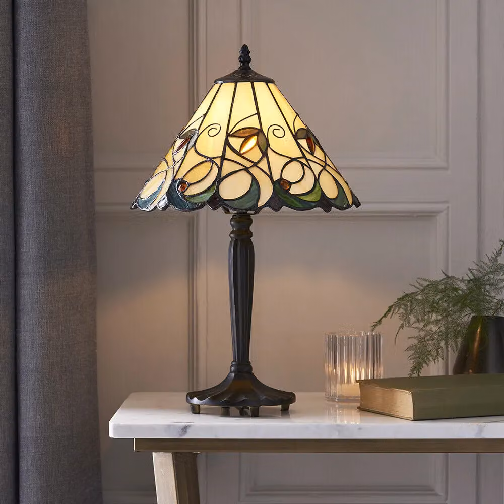 Loops Small Tiffany Glass LED Table Lamp with Art Nouveau Floral Design in Dark Bronze and Multicolour Glass – 2