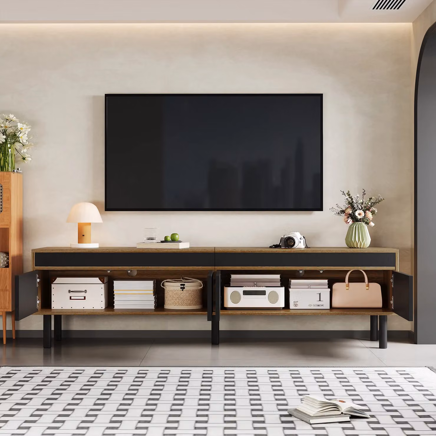 Matteo Modern 4-Door TV Cabinet in Black and Natural Wood Effect MDF – 5