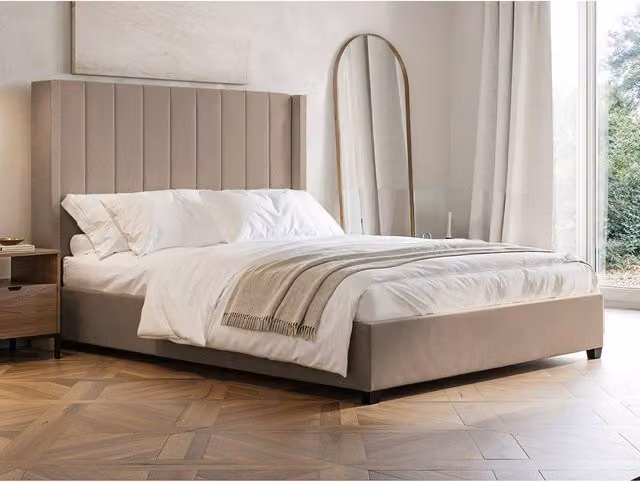Flair Beige Velvet Upholstered Ottoman Bed with Lift Up Base, W/D/H: 180 x 200 cm