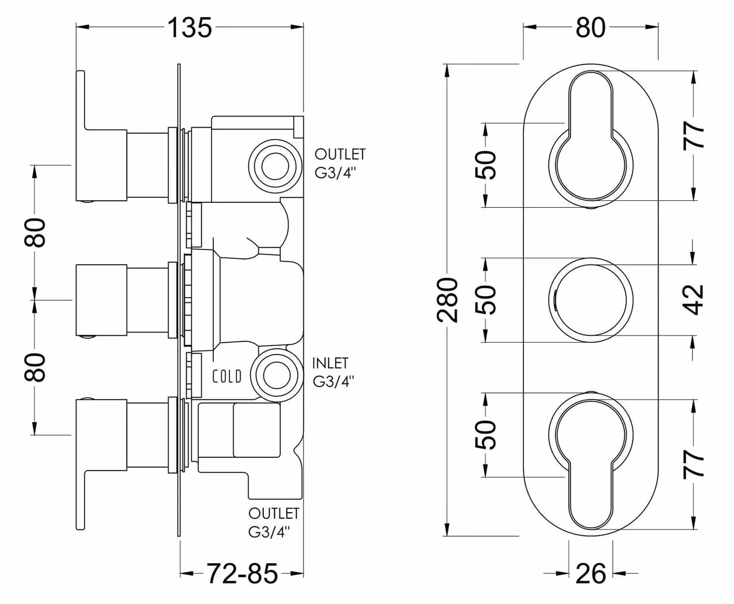 Balterley Pride Round Triple Thermostatic Valve and Diverter with 3 Outlets in Brushed Pewter Silver – 2