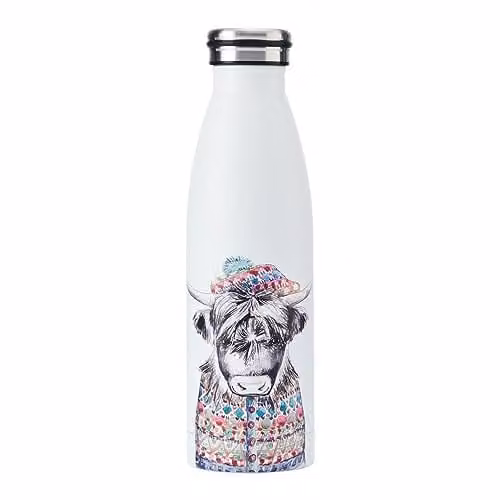 Mikasa Tipperleyhill Highland Cow Double-Walled Stainless Steel Vacuum-Insulated Water Bottle, 500ml, White/Multicolour – 1