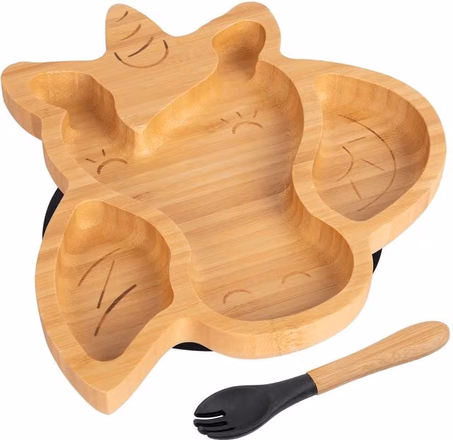 Tiny Dining Bamboo Divided Toddler Weaning Plate and Fork Set in Black and Brown with Unicorn Design – 1