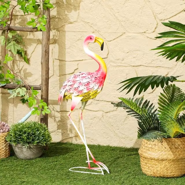 Outsunny Pink Metal Flamingo Freestanding Garden Statue