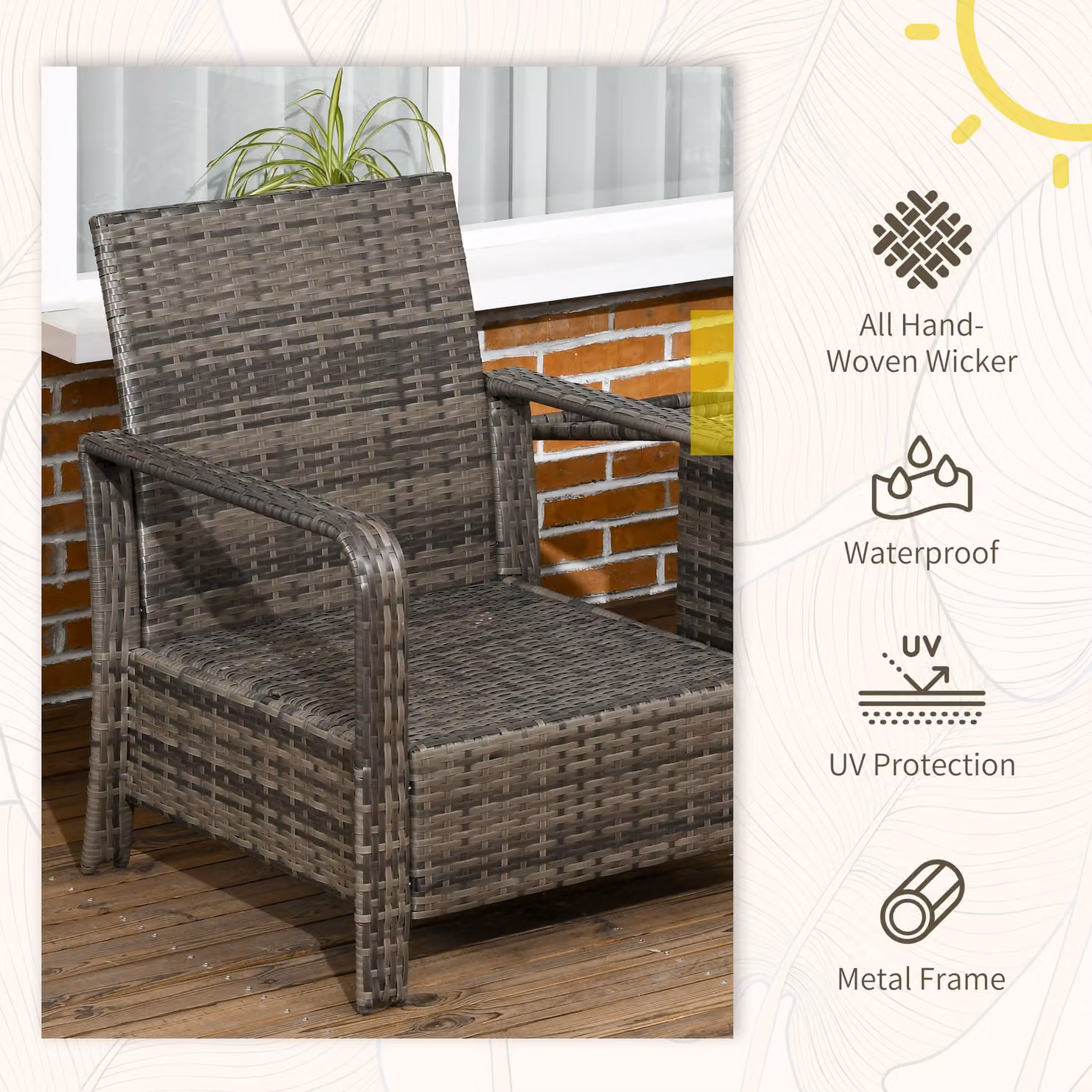 Outsunny 3 Piece PE Rattan Wicker Garden Bistro Set with Grey Cushions – 3