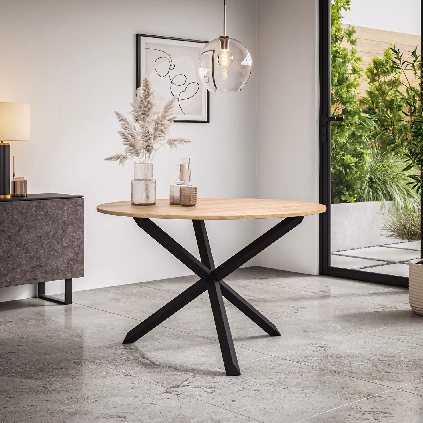 More4Homes Malvern Round Dining Table and Anika Blue Velvet Chair Set, Oak Top with Black Legs, Diameter: 120 cm, Height: 75 cm – 1
