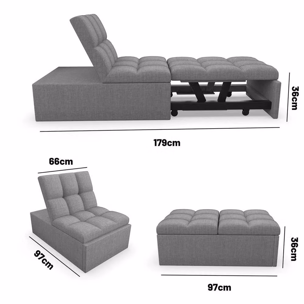 FLAVORA 4-in-1 Grey Fabric Sleeper Chair Bed with Metal Frame – 3