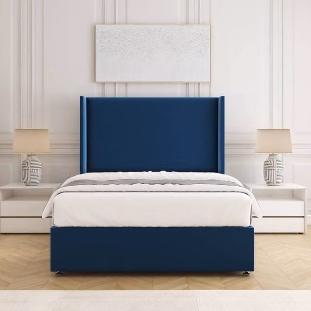 BSSPOKE Austin Small Double Divan Bed Set with Plush Velvet Headboard and Mattress in Blue, W/D/H: 120 x 200 cm