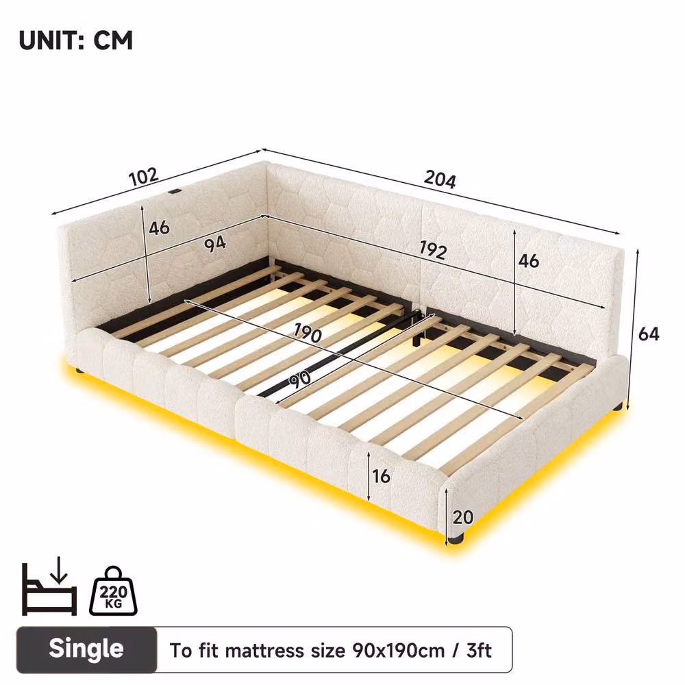 Matteo Modern Upholstered Single Boucle Bed Frame in Beige with USB Charging Port and Under-bed Lighting, W/D/H: 90 x 190 cm – 2